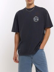 River Island Black 100% Cotton OS Gothic Washed Skull T-Shirt - Image 3 of 6