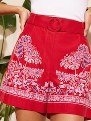 V&A | Love & Roses Red Paisley Printed Belted Shorts - Image 1 of 4