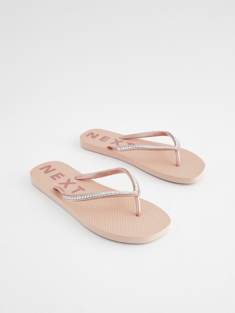 Rose Gold Jewelled Beach Flip Flops - Image 1 of 5