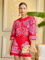 V&A | Love & Roses Red Paisley Petite Printed Belted Shorts - Image 2 of 4