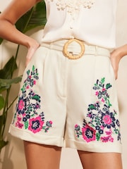 V&A | Love & Roses Ivory White Floral Petite Embroidered Belted Shorts With Linen - Image 1 of 4