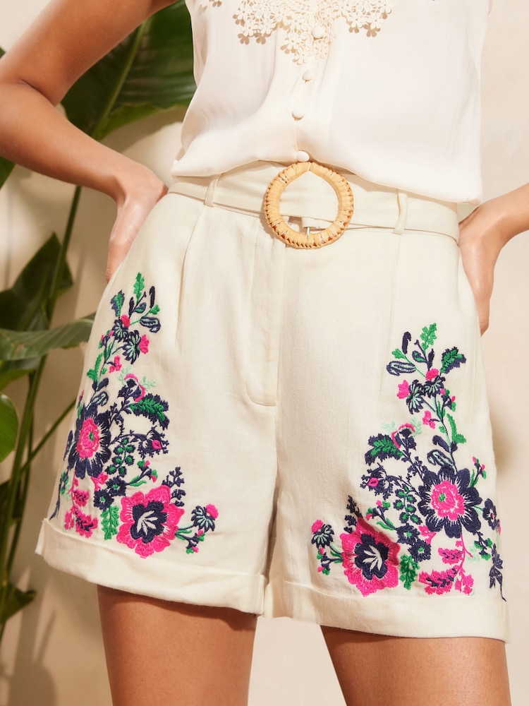 V&A | Love & Roses Ivory White Floral Petite Embroidered Belted Shorts With Linen - Image 1 of 4