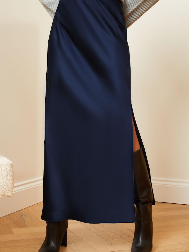 Love & Roses Navy Blue Satin Bias Cut Midaxi Skirt - Image 1 of 4