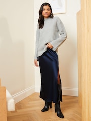 Love & Roses Navy Blue Satin Bias Cut Midaxi Skirt - Image 4 of 4