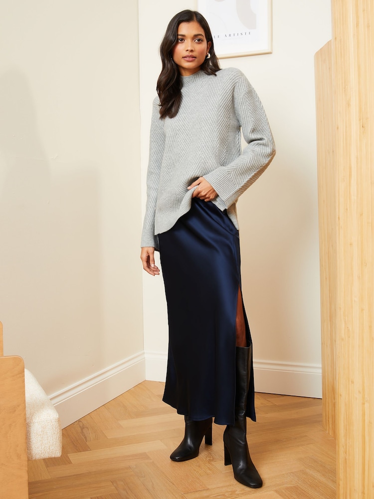 Love & Roses Navy Blue Satin Bias Cut Midaxi Skirt - Image 4 of 4