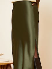 Love & Roses Khaki Green Satin Bias Cut Midaxi Skirt - Image 2 of 4
