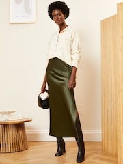 Love & Roses Khaki Green Satin Bias Cut Midaxi Skirt - Image 4 of 4