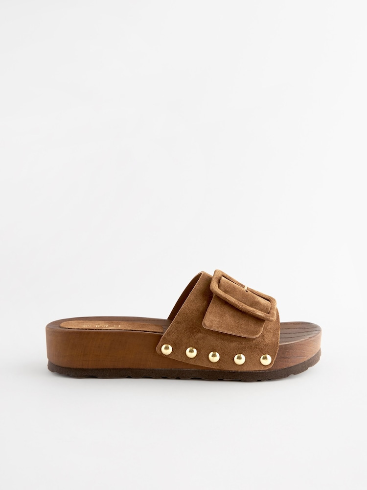 Tan Brown Buckle Clog Mule Sandals - Image 2 of 5