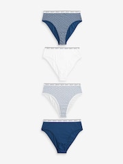White/Blue Geo Print High Rise High Leg Cotton Rich Logo Knickers 4 Pack - Image 1 of 10