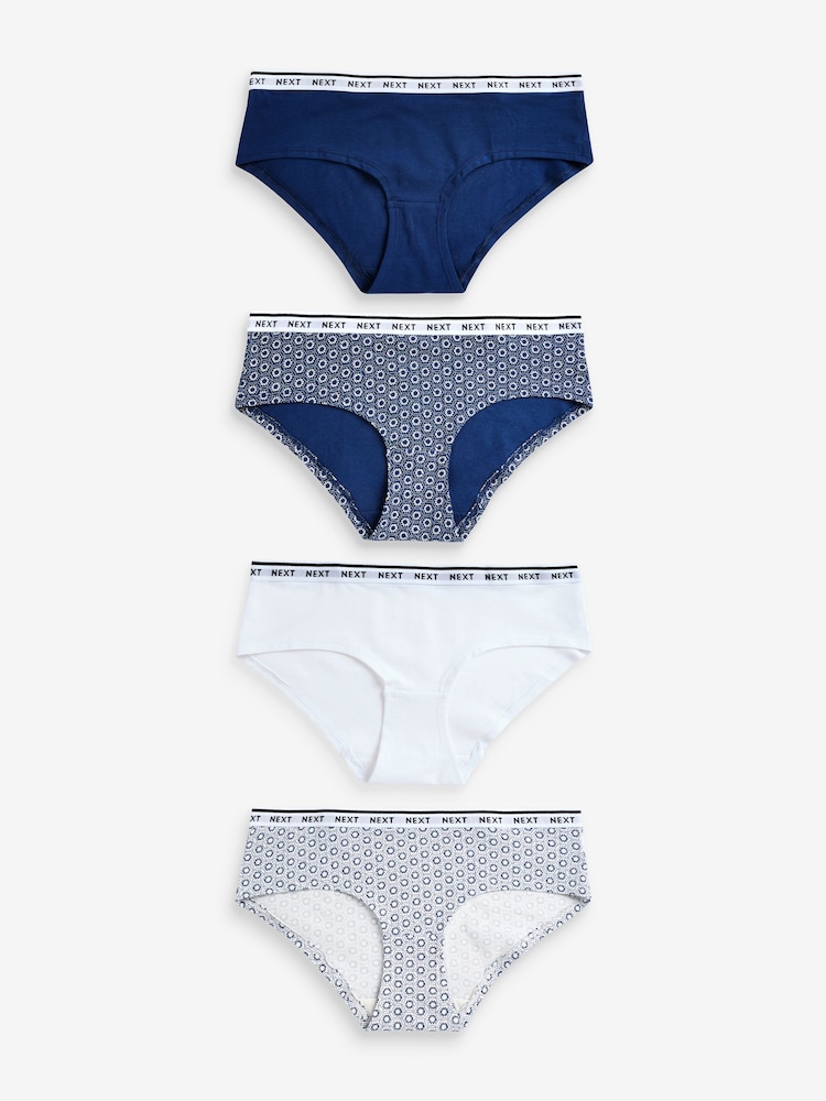 White/Blue Geo Print Short Cotton Rich Logo Knickers 4 Pack - Image 1 of 12