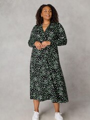 Live Unlimited Green Curve Ditsy Print Jersey Shawl Collar Midi Dress - Image 1 of 4