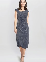Gina Bacconi Blue Celia Metallic Knit Sleeveless Dress - Image 1 of 5