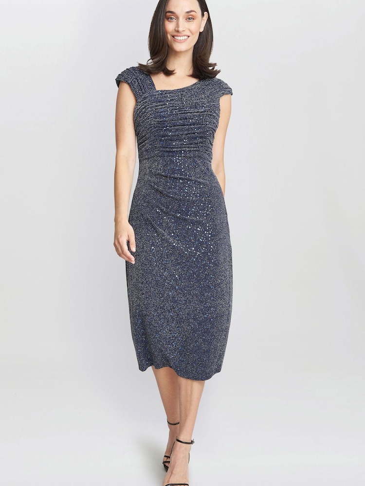 Gina Bacconi Blue Celia Metallic Knit Sleeveless Dress - Image 1 of 5