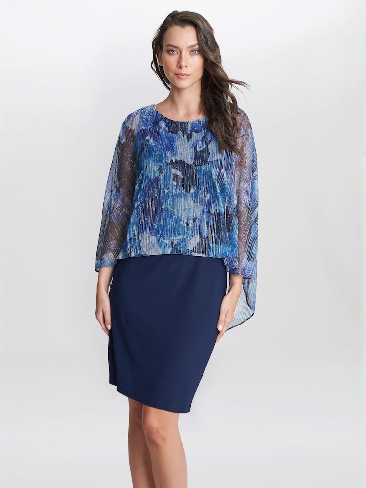 Gina Bacconi Blue Brenya Floral Print Shimmer Popover Dress - Image 1 of 6