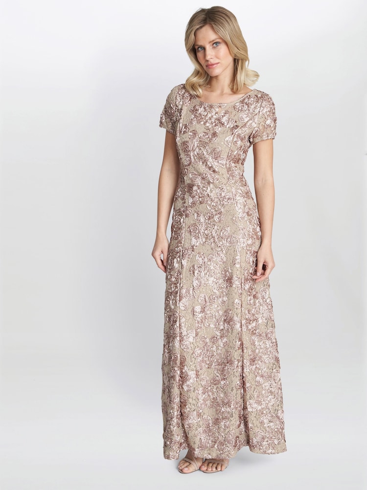 Gina Bacconi Blue Nancy Dress With Rosette Sequin Detail - Image 1 of 5 Gina Bacconi Blue Nancy Dress With Rosette Sequin Detail - Image 1 of 5