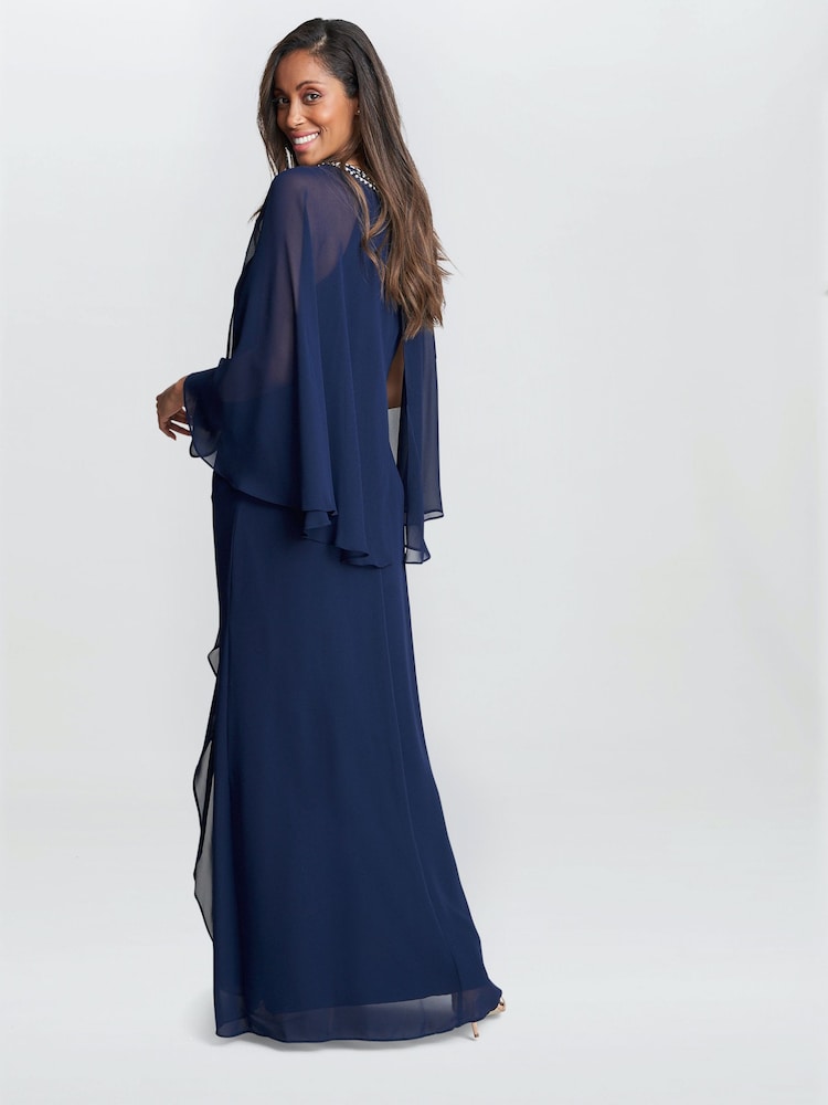 Gina Bacconi Blue Polly Maxi Halter Neck Dress With Embellishment And Capelet Sleeves - Image 2 of 5