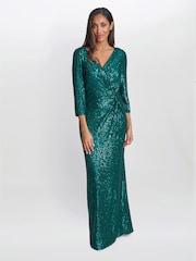 Gina Bacconi Blue Jacynda Sequin 3/4 Sleeve Wrap Dress With Twist - Image 1 of 5