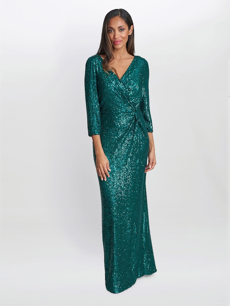 Gina Bacconi Blue Jacynda Sequin 3/4 Sleeve Wrap Dress With Twist - Image 1 of 5