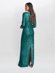 Gina Bacconi Blue Jacynda Sequin 3/4 Sleeve Wrap Dress With Twist - Image 2 of 5