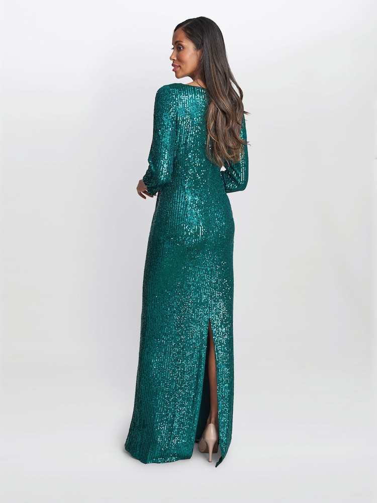 Gina Bacconi Blue Jacynda Sequin 3/4 Sleeve Wrap Dress With Twist - Image 2 of 5