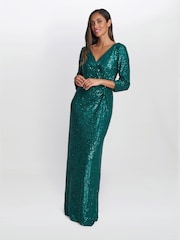 Gina Bacconi Blue Jacynda Sequin 3/4 Sleeve Wrap Dress With Twist - Image 3 of 5