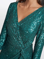 Gina Bacconi Blue Jacynda Sequin 3/4 Sleeve Wrap Dress With Twist - Image 4 of 5