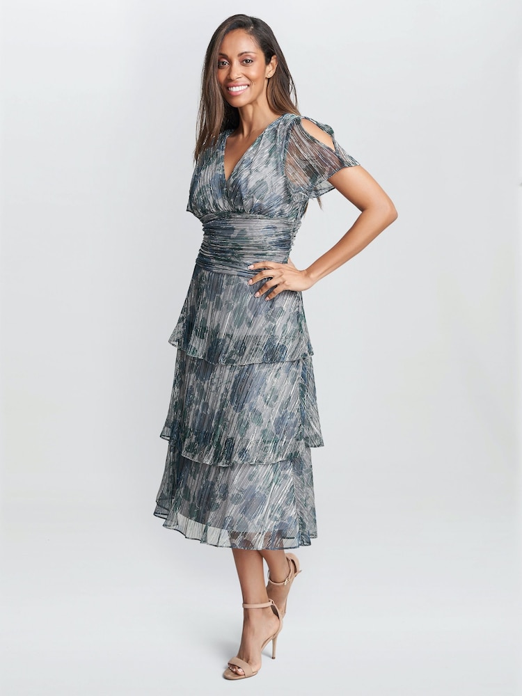 Gina Bacconi Blue June Midi Printed Dress With Tiered Skirt - Image 1 of 5