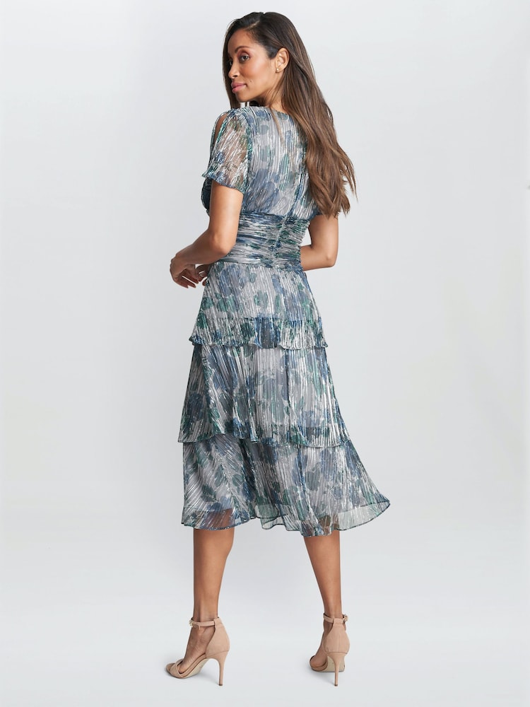 Gina Bacconi Blue June Midi Printed Dress With Tiered Skirt - Image 2 of 5