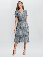 Gina Bacconi Blue June Midi Printed Dress With Tiered Skirt - Image 3 of 5