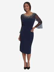 Gina Bacconi Blue Maurine Beaded Neckline Sheath Dress With Illusion Sleeves - Image 1 of 5