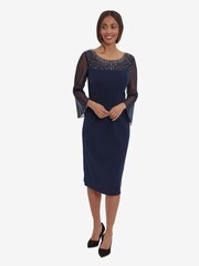Gina Bacconi Blue Maurine Beaded Neckline Sheath Dress With Illusion Sleeves - Image 3 of 5