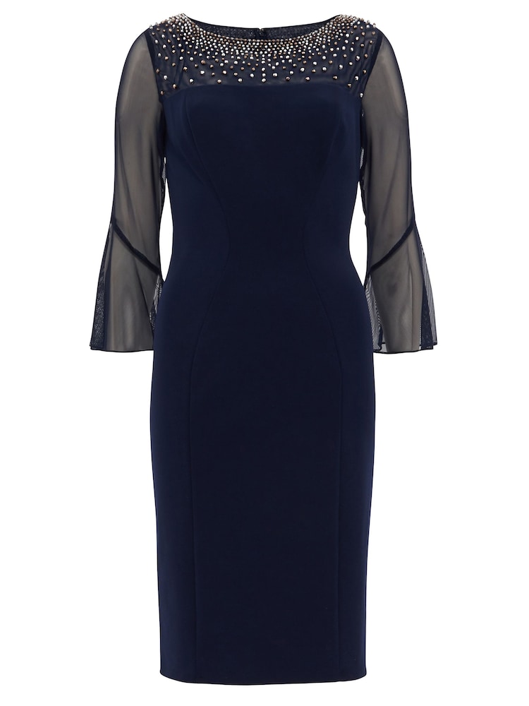 Gina Bacconi Blue Maurine Beaded Neckline Sheath Dress With Illusion Sleeves - Image 5 of 5