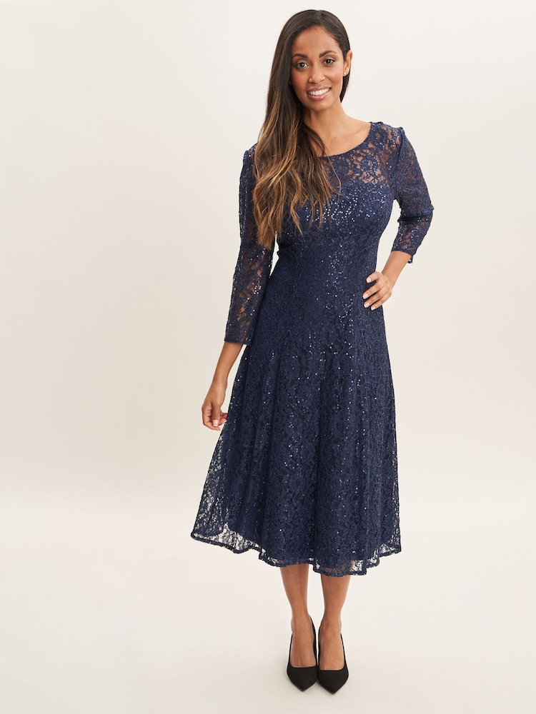 Vestido cocktail midi en azul de encaje con mangas a 3/4 y lentejuelas Elianna de Gina Bacconi - Imagen 1 de 5 Vestido cocktail midi en azul de encaje con mangas a 3/4 y lentejuelas Elianna de Gina Bacconi - Imagen 1 de 5