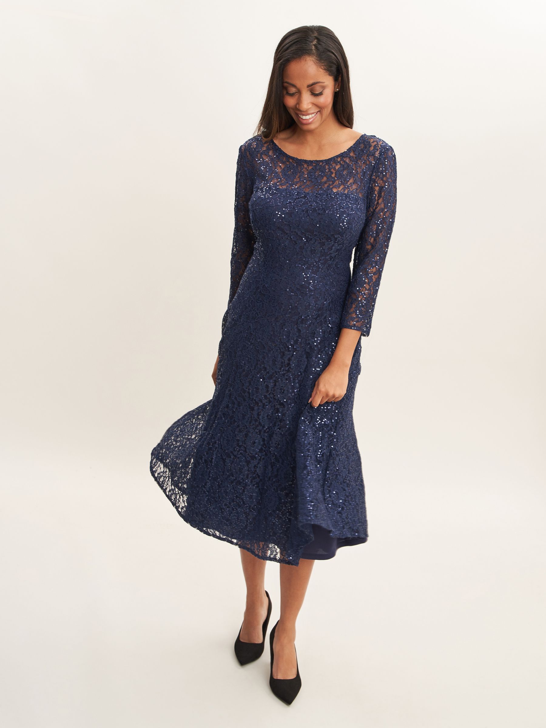 【海外限定】GinaBacconi ドレス☆Blue Marie Midi Printed Tier Buy Gina Bacconi Blue Elianna Midi-Length Sequin Lace 3/4