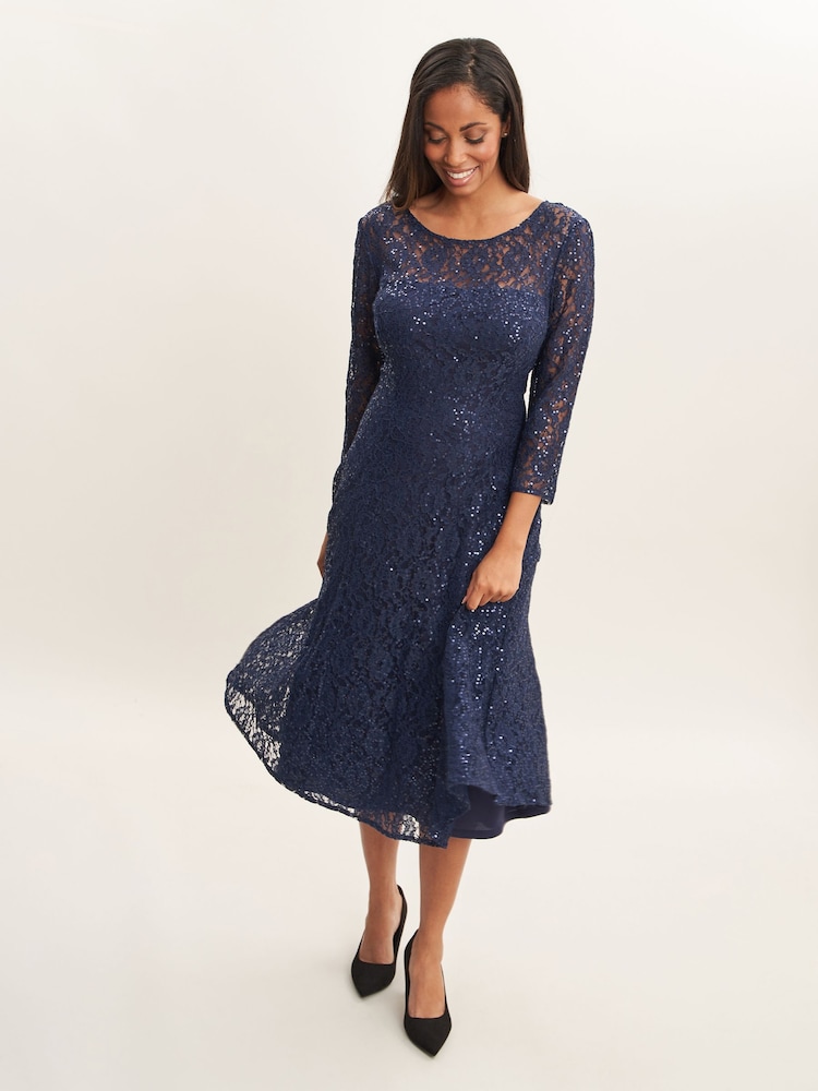Robe de cocktail Gina Bacconi Bleu Elianna Sequin Dentelle mi-longue à manches 3/4
 - Image 3 of 5