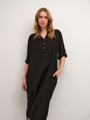 Cream Bellis Long Sleeve Black Midi 100% Linen Dress - Image 1 of 6