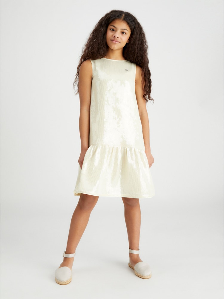 Calvin Klein Jeans Gold Festive Sequin Peplum Dress - Image 1 of 2