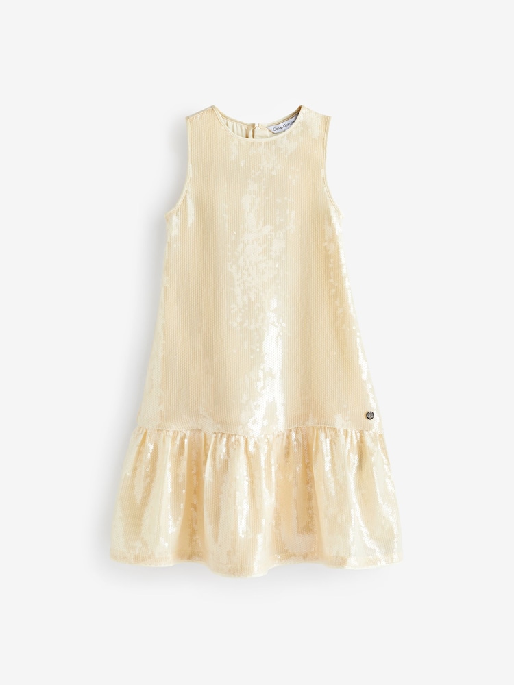 Calvin Klein Jeans Gold Festive Sequin Peplum Dress - Image 2 of 2 Calvin Klein Jeans Gold Festive Sequin Peplum Dress - Image 2 of 2