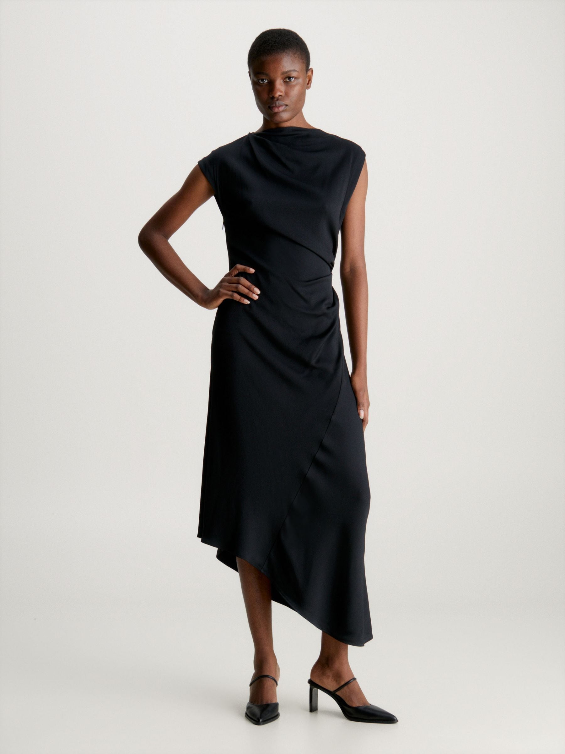 Calvin Klein Black Crepe Draped Midi Dress