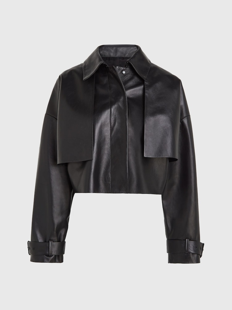 Calvin Klein Black Cropped Leather Jacket - Image 6 of 6