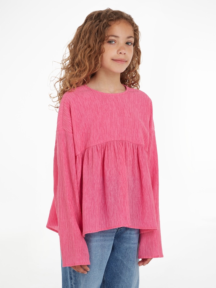 Calvin Klein Jeans Pink Crinkle Long Sleeve Top - Image 1 of 5 Calvin Klein Jeans Pink Crinkle Long Sleeve Top - Image 1 of 5