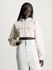Calvin Klein Jeans Cream Monologo Cropped Hoodie - Image 1 of 6
