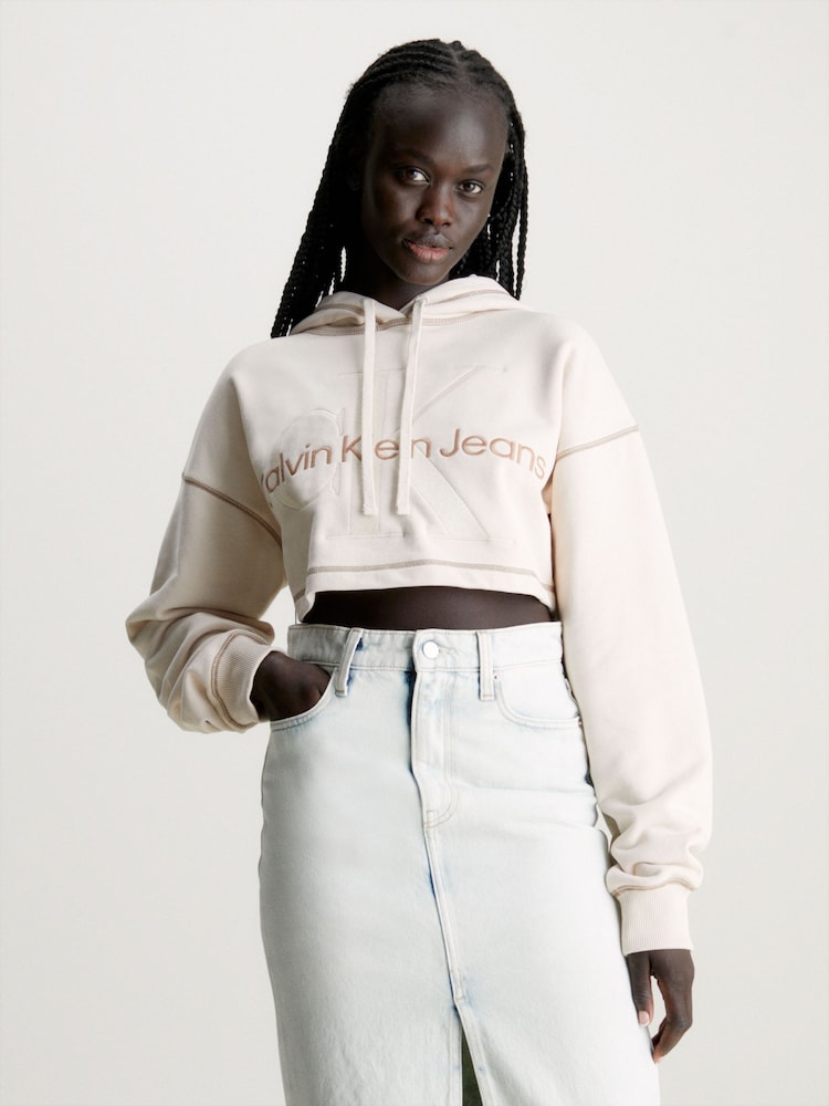 Calvin Klein Jeans Cream Monologo Cropped Hoodie - Image 1 of 6