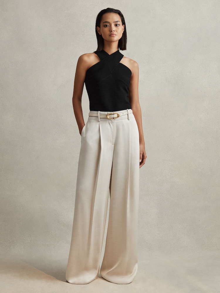 Reiss Champagne Isla Satin Wide Leg Trousers - Image 1 of 5
