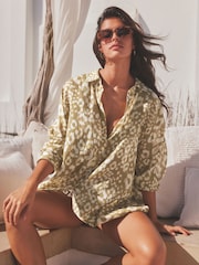 Khaki Green Animal 100% Cotton Beach Shirt Cover-Up - Image 4 of 7