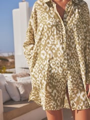 Khaki Green Animal 100% Cotton Beach Shirt Cover-Up - Image 5 of 7