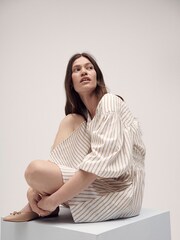 Barbour® Beige Ella Stripe Cotton Linen Blend Dress - Image 3 of 13