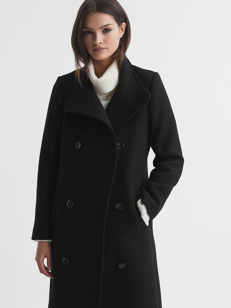 Reiss Black Blair Petite Wool Blend Double Breasted Long Coat - Image 1 of 6 Reiss Black Blair Petite Wool Blend Double Breasted Long Coat - Image 1 of 6