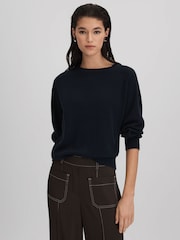 Reiss Navy Andi Oversized Wool Blend Crew Neck Jumper - Image 1 of 6