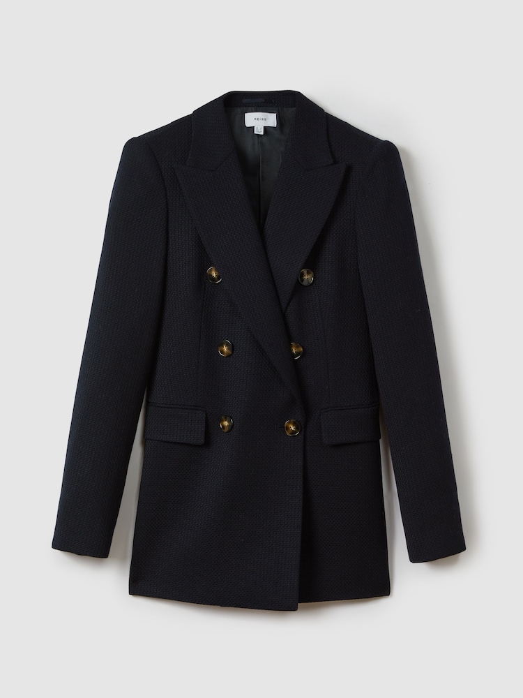 Reiss Navy Lana Petite Tailored Textured Wool Blend Double Breasted Blazer - Image 2 of 8
